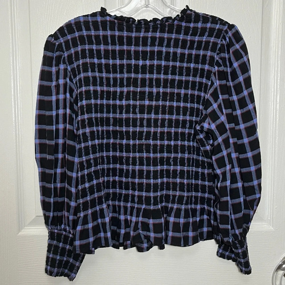 NIC+ZOE Twilight Plaid black and purple puff sleeve Smocked top | size medium - Picture 7 of 7